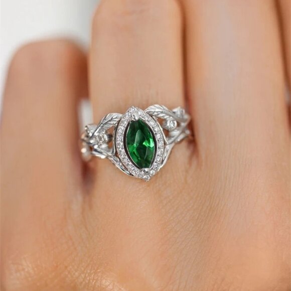 Emerald Marquis Gem Leaf Weave Silver Noble Rings for Women, MARR9100 - Picture 5 of 6